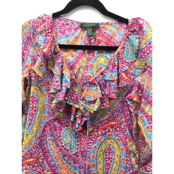 Lauren Ralph Lauren Blouse Women XS Pink Paisley Ruffle Top Long Sleeve Cotton - Picture 3 of 6